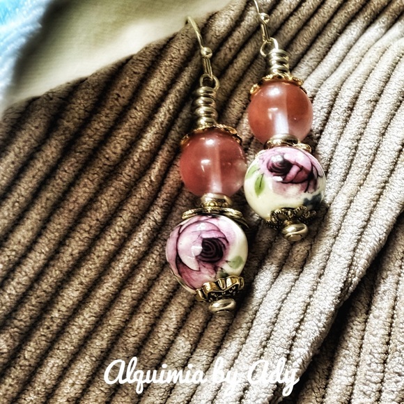Alquimia Jewelry - 18k gold plated rose quartz vintage statement earrings